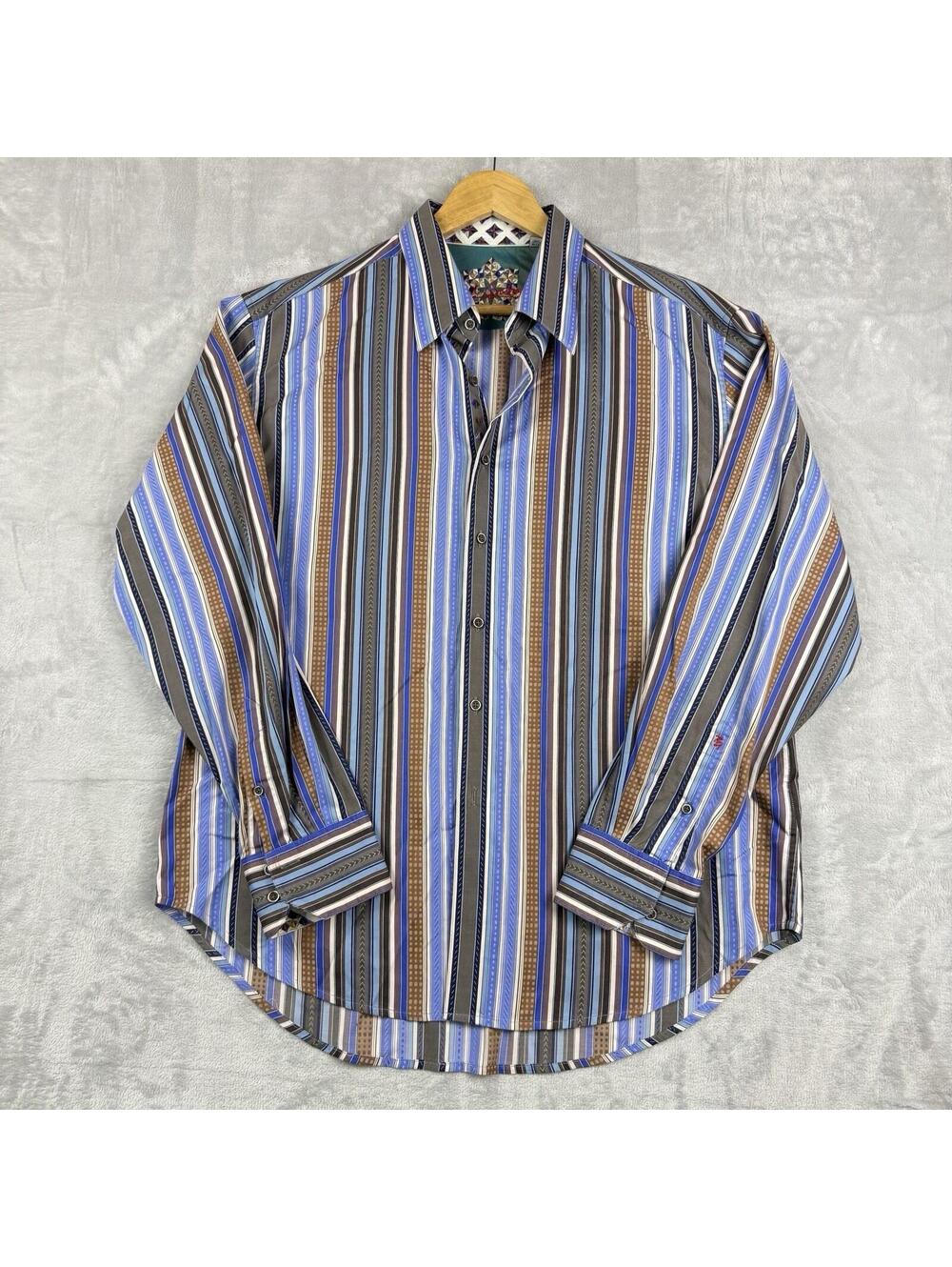 Robert Graham Striped Button Up Shirt Blue Brown Embroidered MenXL Preppy Luxury - Picture 2 of 12